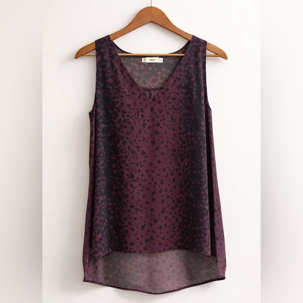 VINCE Burgundy Black Sheer Animal Print V-Neck Sleeveless Blouse Size S